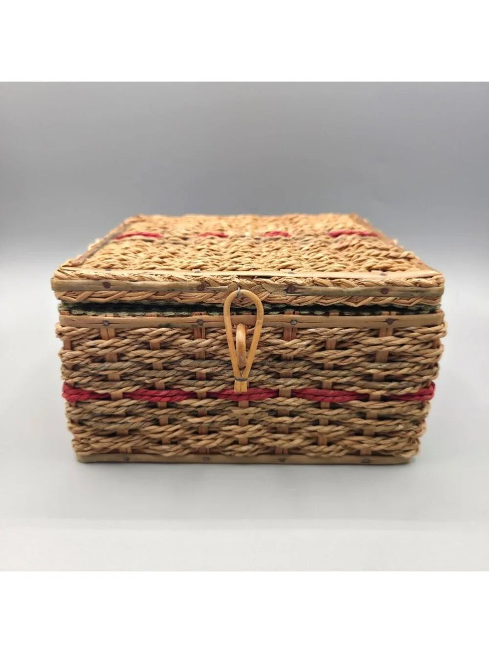Vintage Woven Sewing Basket Hinged Lid Mid Century Green Satin Lining Cottage